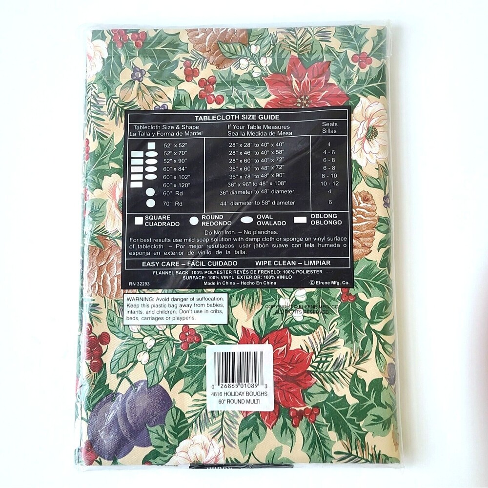 Vintage Elrene Christmas Tablecloth Holiday Print Vinyl Flannel Back 60" Round - Picture 2 of 2